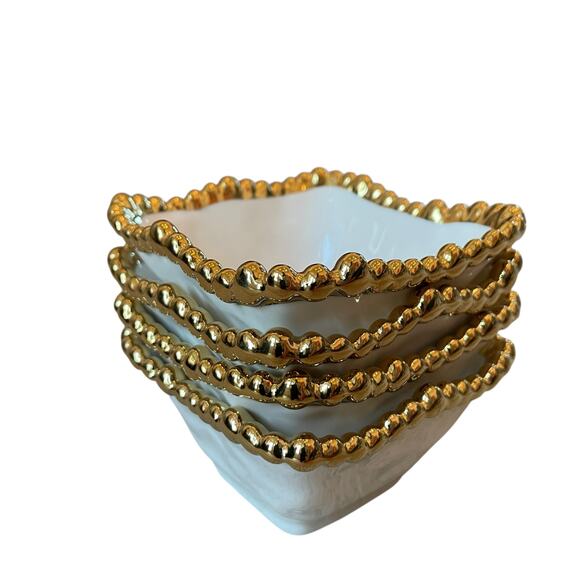 Perla White Porcelain Tidbit Bowls with Gold Beaded Edge 4in Square Set of 4 NEW - Picture 13 of 16